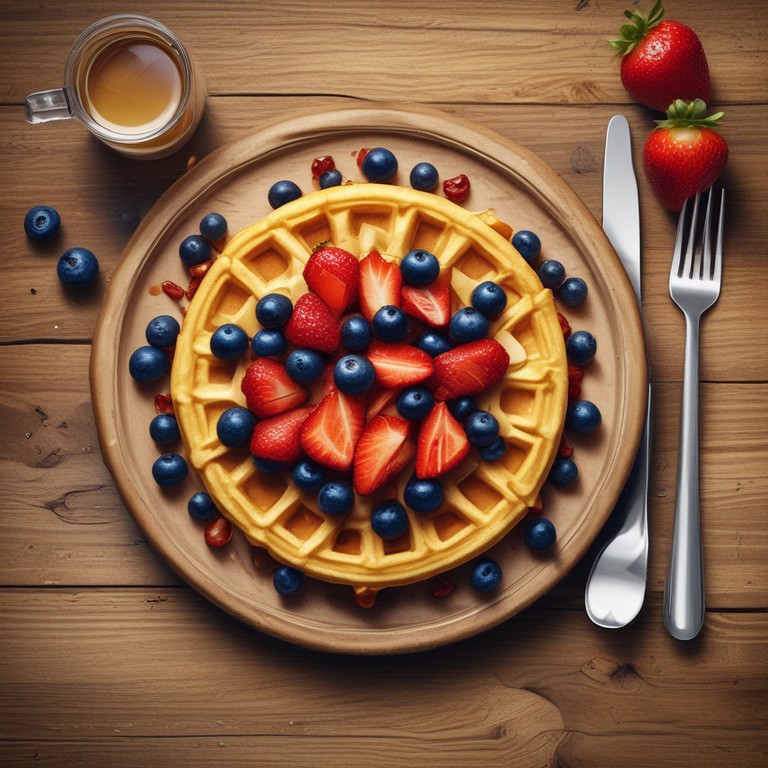 Waffles Ancestrales con Tocineta, Frutas Frescas y Miel