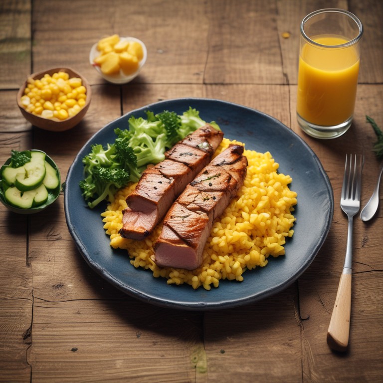 Arroz Amarillo con Maíz Dulce y Filete de Lomo de Cerdo a la Plancha con Jugo Natural