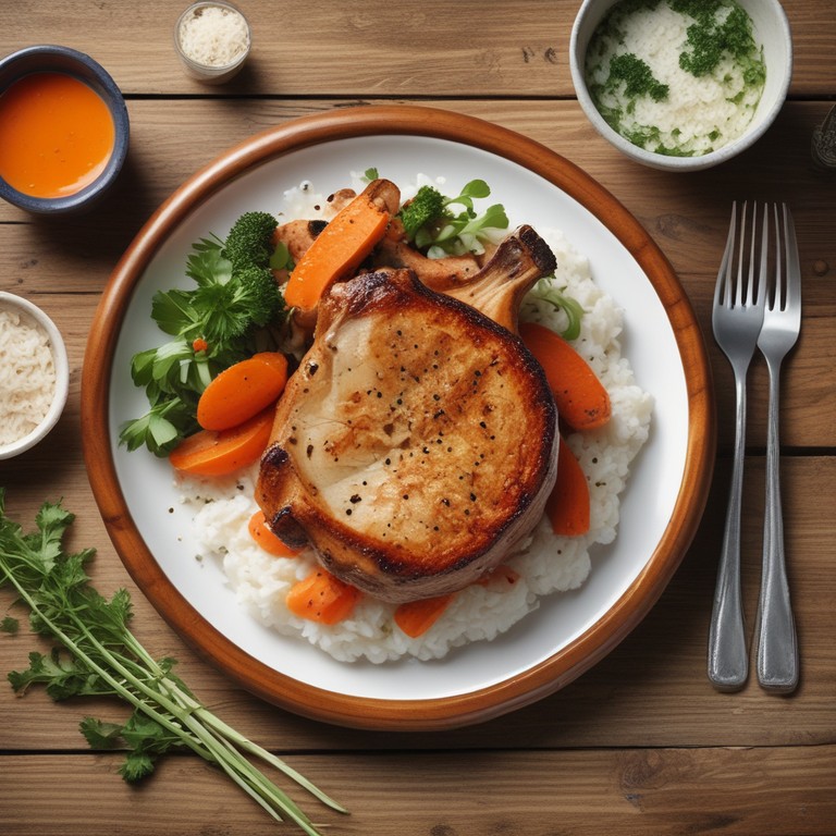 Côtes de Porc Rôties avec Riz et Carottes en Rondelles