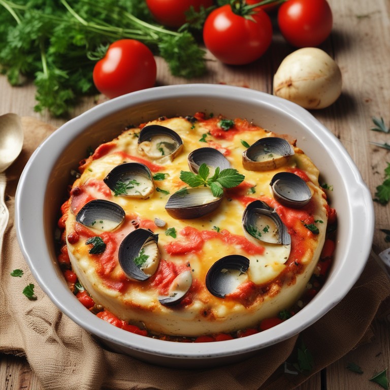 Creamy Seafood and Eggplant Bake with Potatoes and Tomatoes