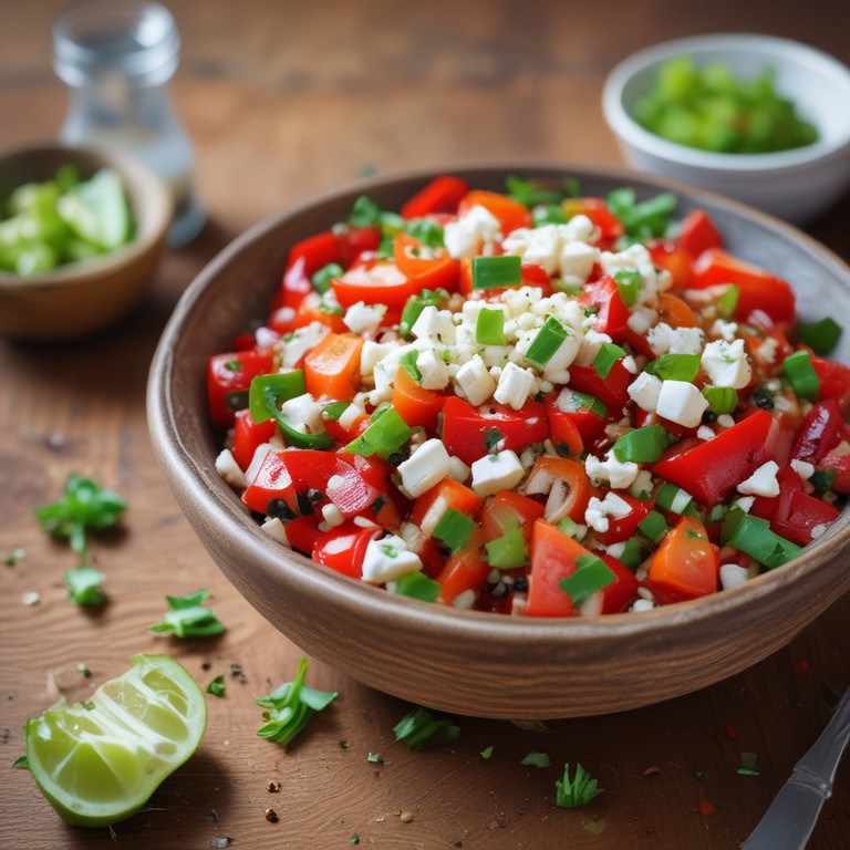 Paprika-Tomaten-Feta-Salat mit Limetten-Dressing