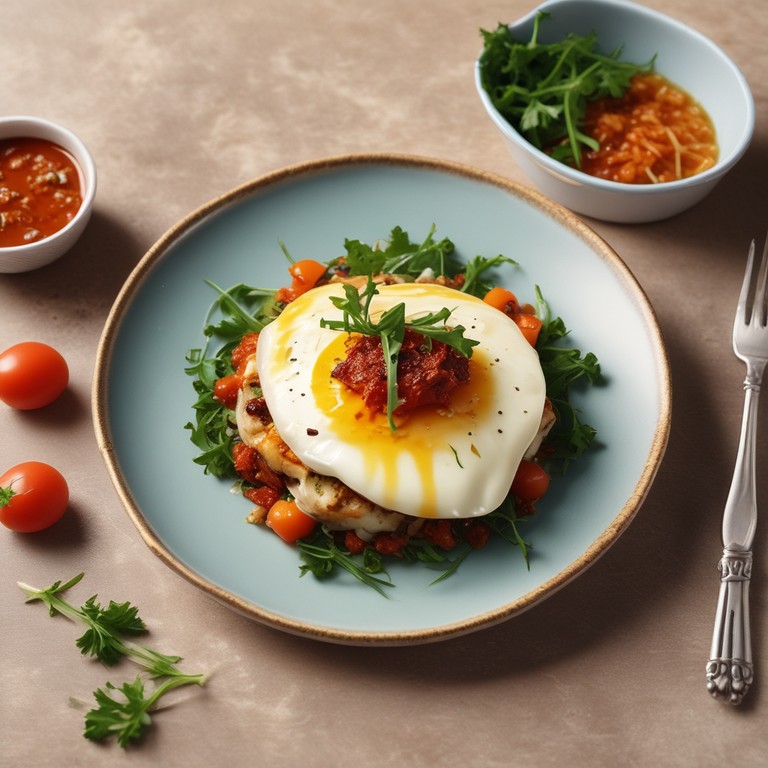 Käse-Kimchi-Omelette mit Tomatensauce und Rucola – Veganes Hackfleisch angebraten