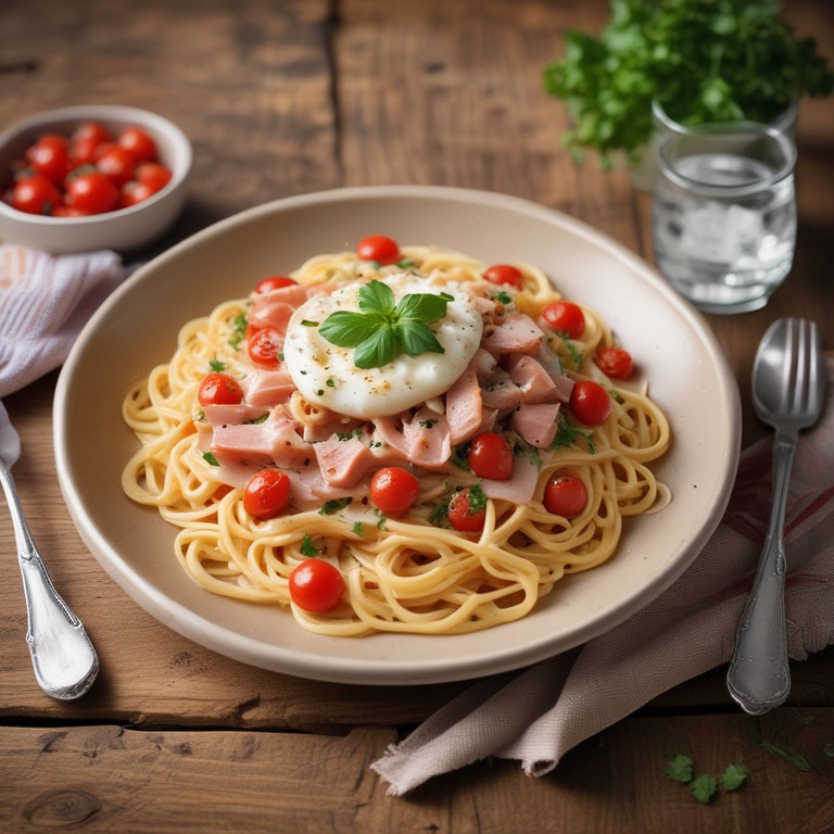 Esparguete Cremoso com Mozzarella, Tomate e Fiambre
