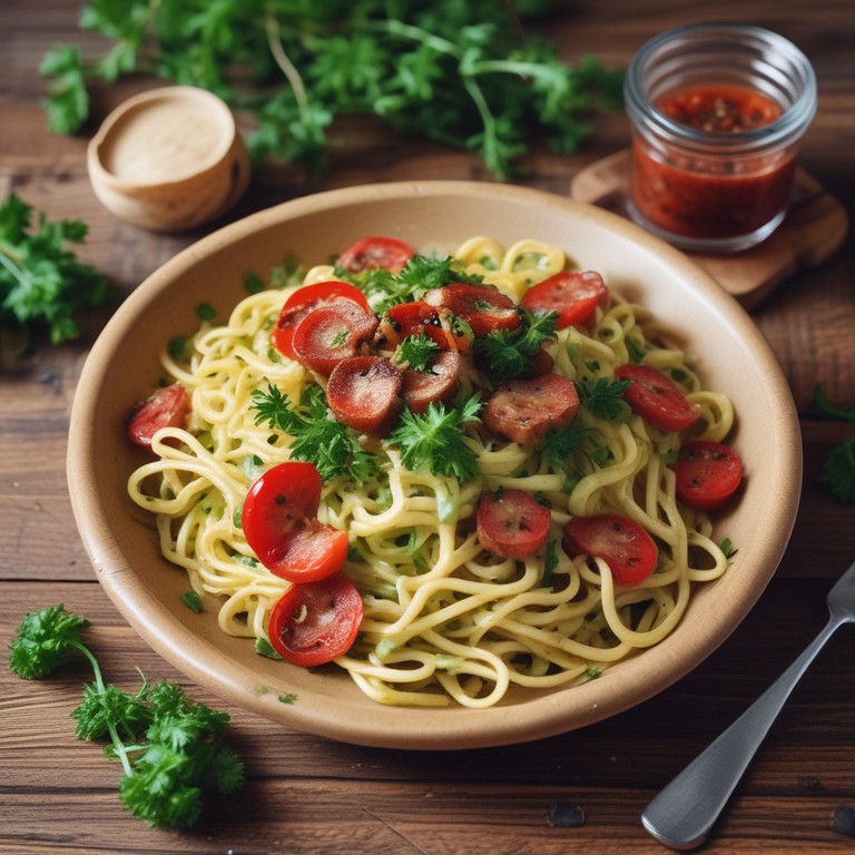 Pasta con Pesto, Bacon y Kimchi