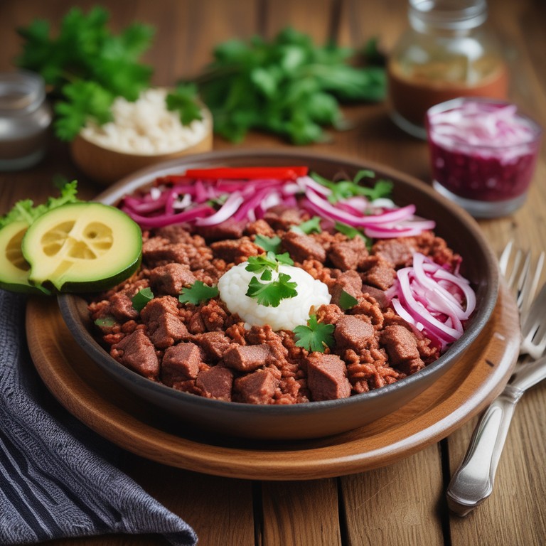 Arroz de Carne Moída com Salsicha e Cebola Roxa