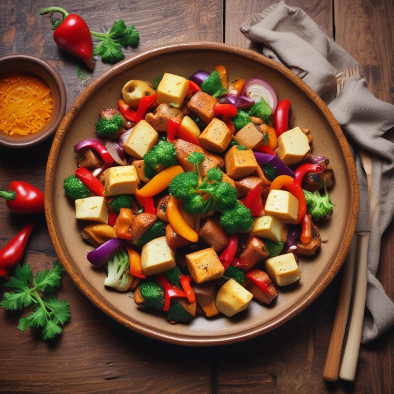 Tofu-Paprika-Pfanne mit Zwiebeln, Möhren und Kartoffeln
