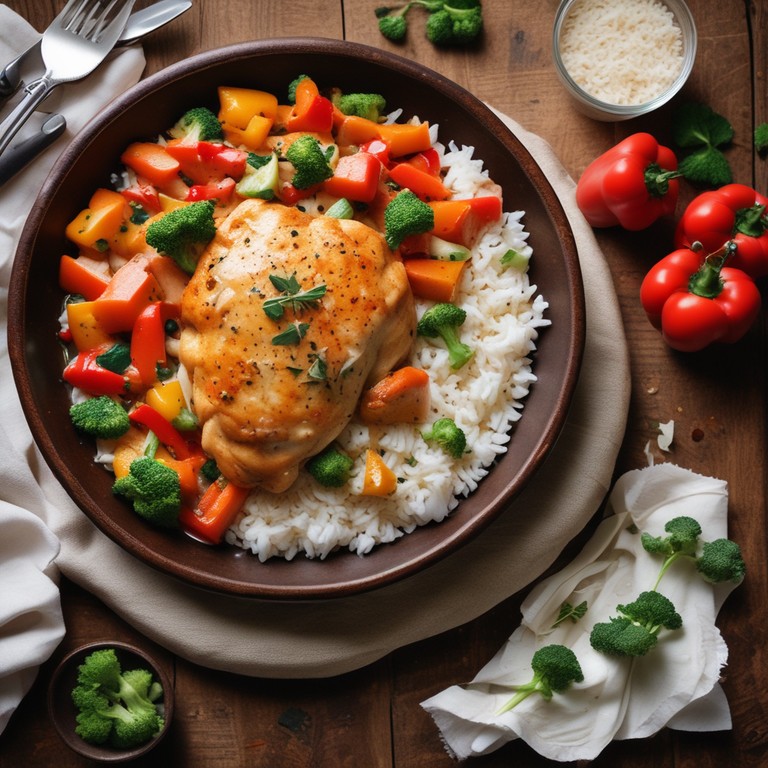 Hähnchenbrust in Paprika-Sahne-Sauce mit Gemüse und Reis