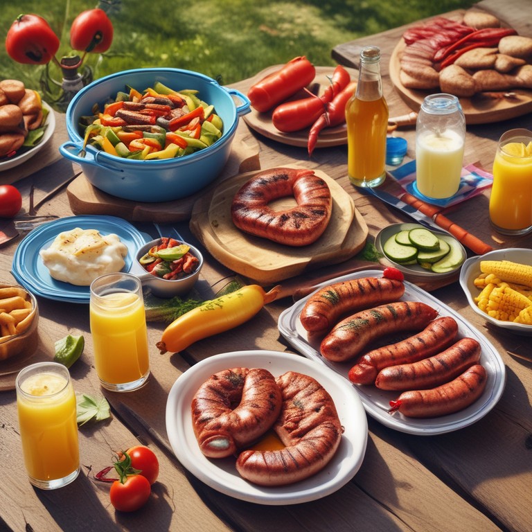 Sommerliche Grillparty mit Würstchen und Steak