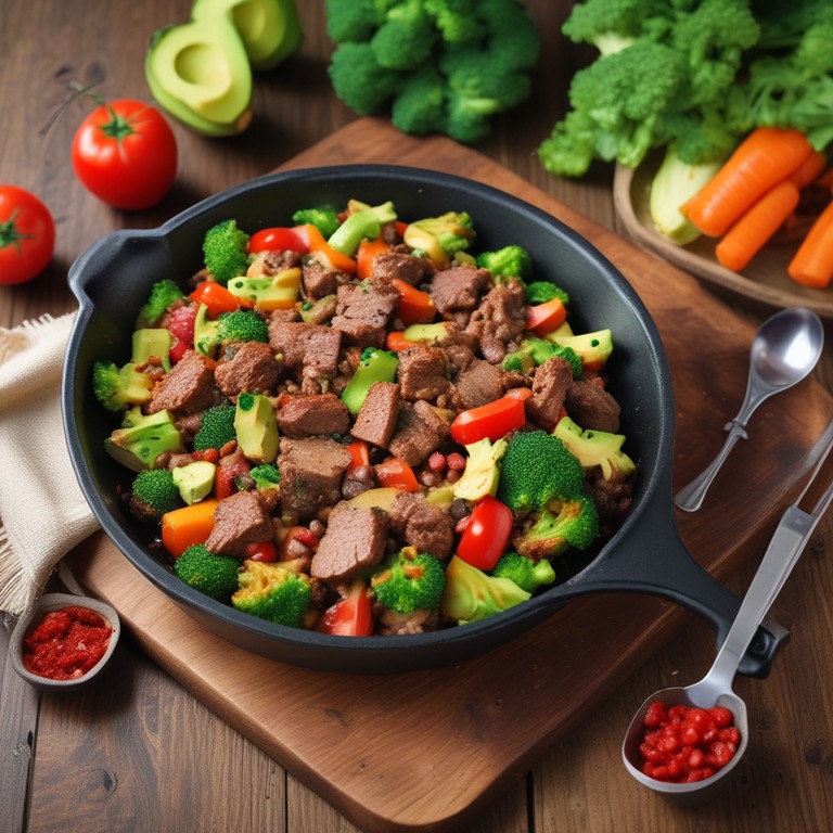 Avocado Hackfleisch Pfanne mit Brokkoli, Kartoffeln und Möhren