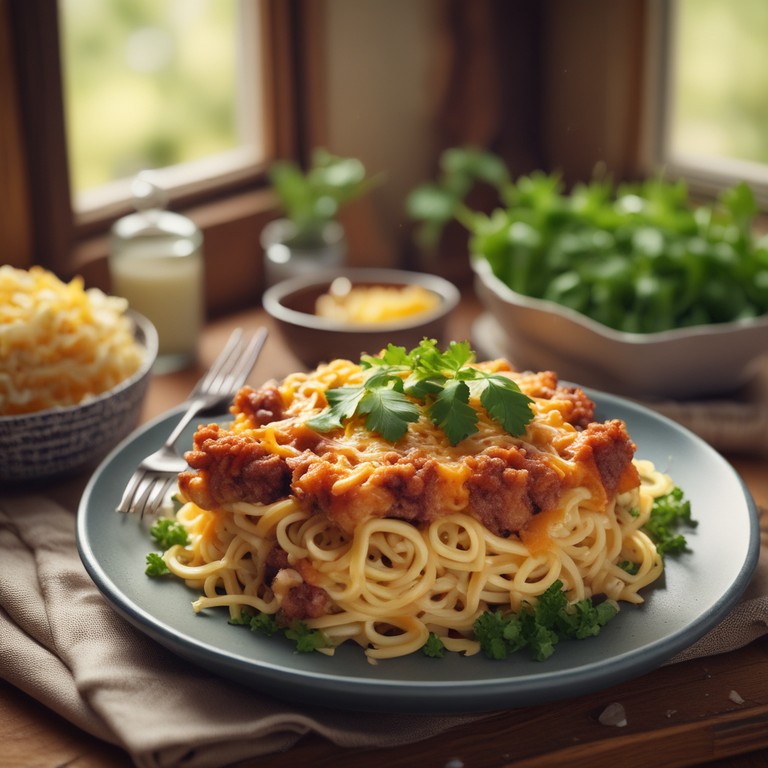 Nudelauflauf mit Fleisch und Reis