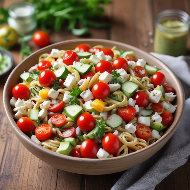 Mediterraner Nudelsalat mit Cocktailtomaten und Gurke