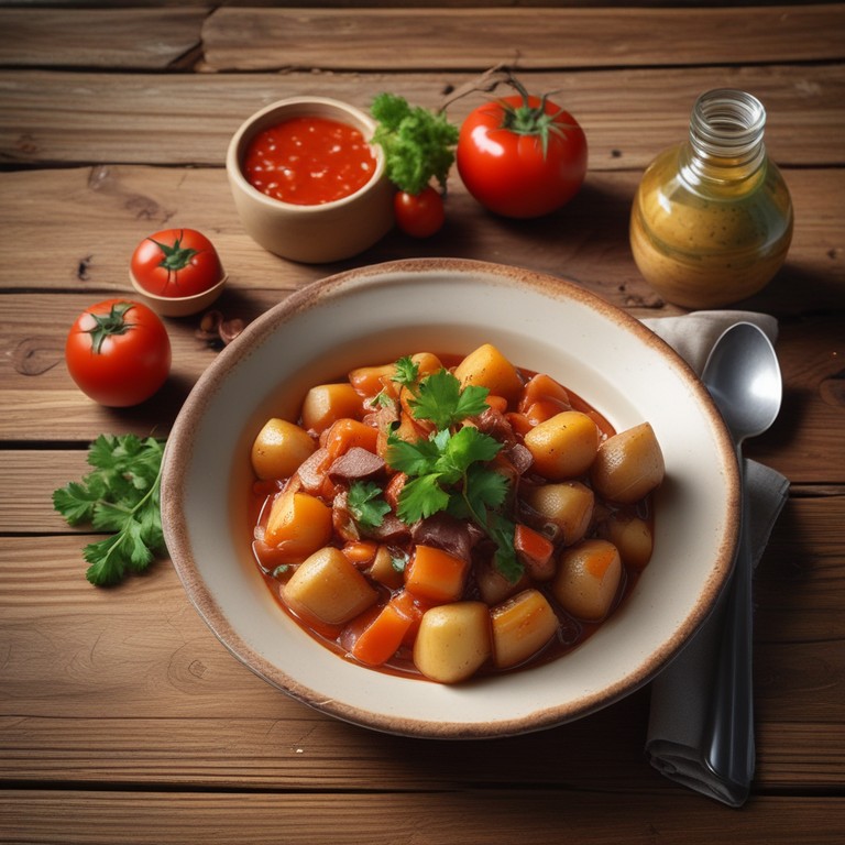 Herzhafter Kartoffel-Zwiebel-Karotten-Eintopf mit Tomatensauce