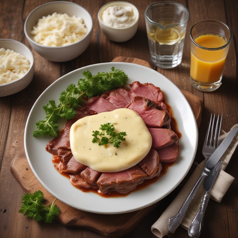 Carne ao Molho Branco com Queijo e Presunto