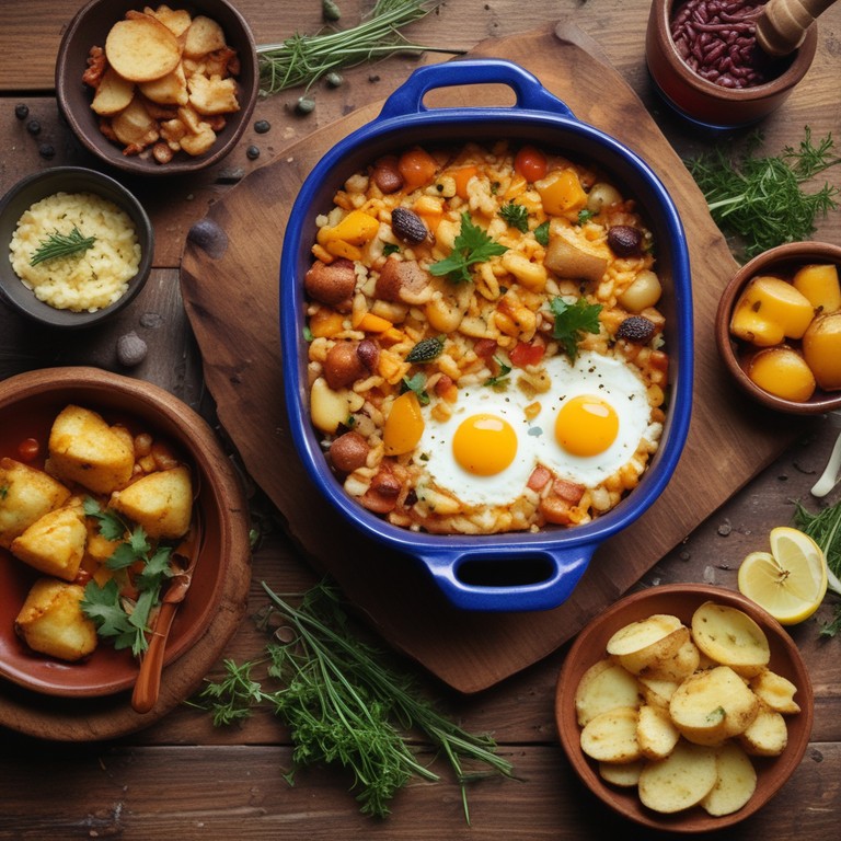 Cheesy Rice and Bean Casserole with Spiced Potatoes and Egg