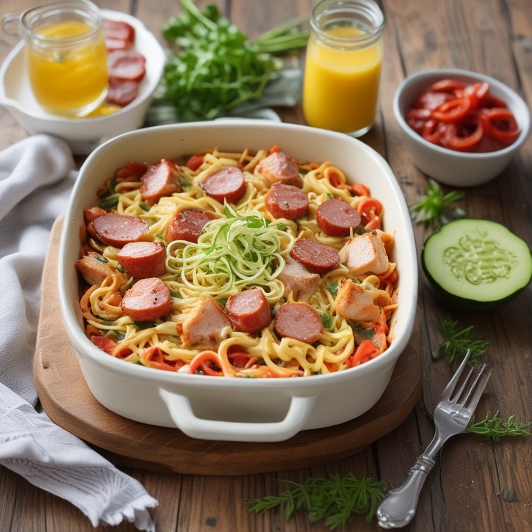 Hähnchen-Zucchini-Nudelauflauf mit Käse und Salami