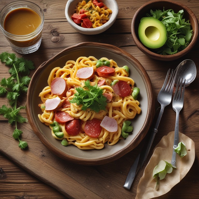 Pasta mit Paprika-Creme Fraiche Sauce und Avocado-Salami-Topping