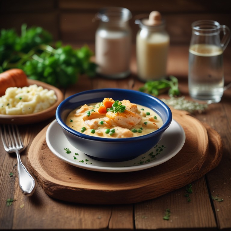 Hähnchen in Cremefine mit Erbsen, Möhren und Kartoffelpüree