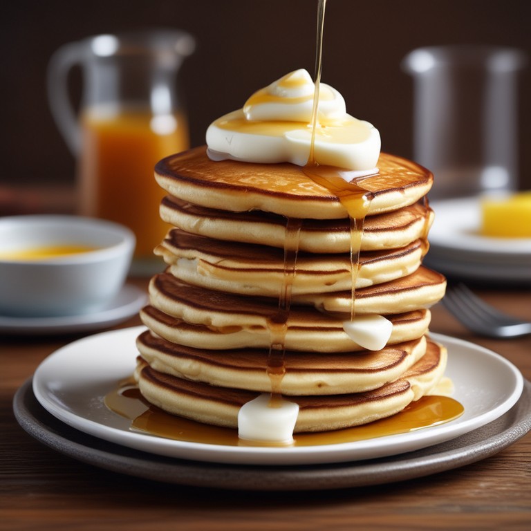 Fluffy Pancake Sandwiches with Cream and Maple Syrup