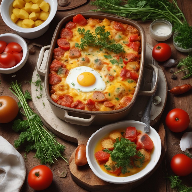 Herzhafter Leberkäse-Auflauf mit Kartoffeln und Tomaten