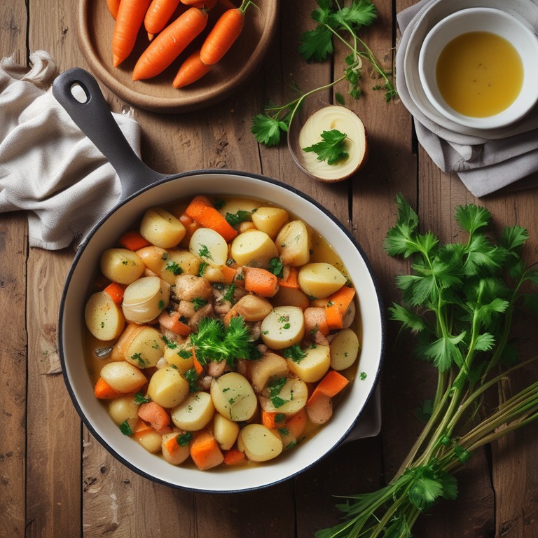 Cremige Kartoffel-Zwiebel-Pfanne mit Karotten und Knoblauch