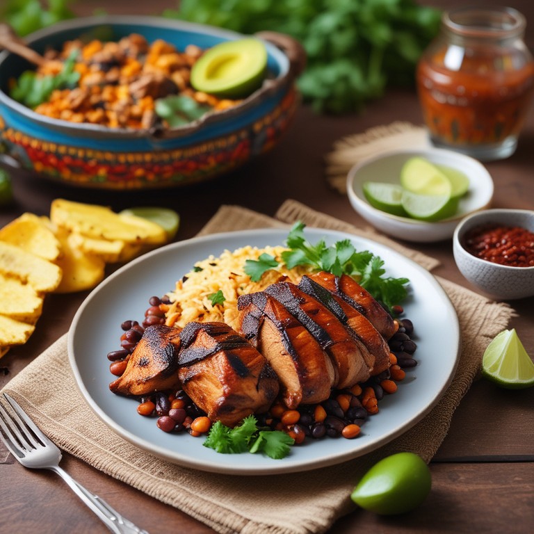 Caribbean Jerk Chicken with Cinnamon-Brown Sugar Grilled Pineapple and Seasoned Rice & Beans