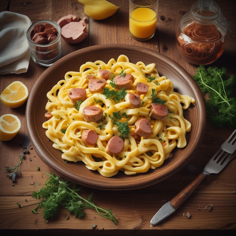 Макароны с яйцами, маслом и сосисками