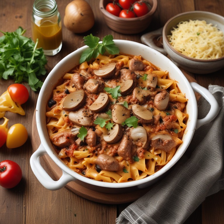 Nudeln mit Hackfleisch, Champignons und Käse überbacken