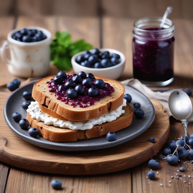 Pan Tostado Integral con Queso Cottage y Mermelada de Blueberries y Chía
