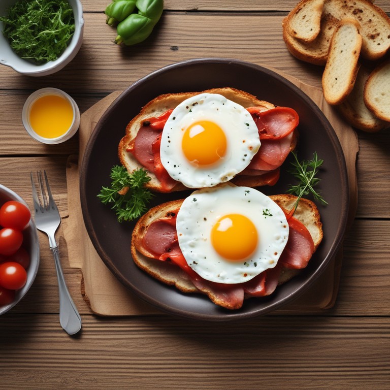 Herzhafter Toast mit Eiern, Tomaten und Wurst
