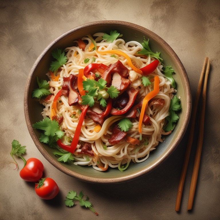 Macarrão de Arroz com Bacon e Legumes ao Molho Shoyu