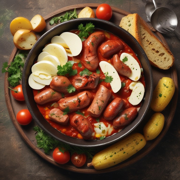 Salsicha com Batata, Milho e Mussarela ao Molho de Tomate