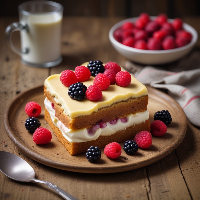 Queque de Plátano con Crema de Fresa y Frutos Rojos