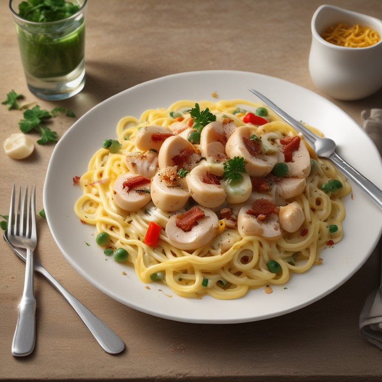 Creamy Chicken Carbonara with Peas, Bacon, and Sweet Peppers