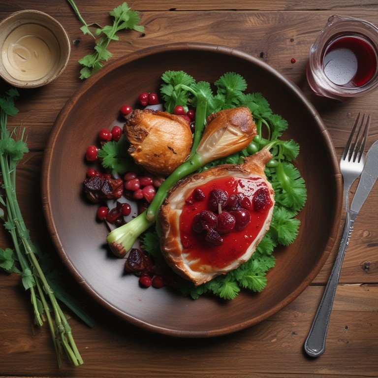 Куропатка конфи с брусничным соусом и зелёным луком