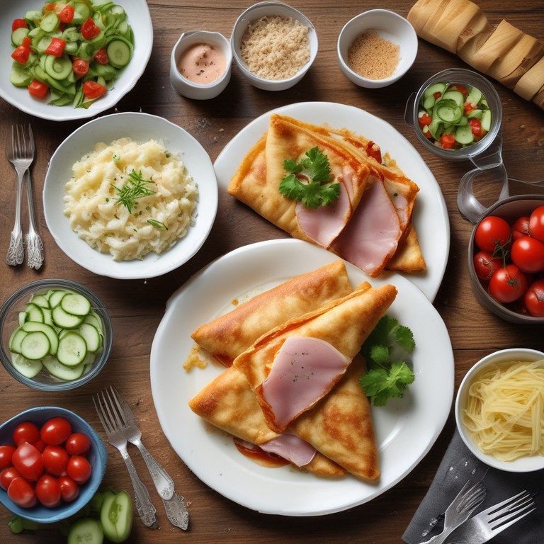 Crêpes Savoureuses au Jambon et Fromage avec Salade de Tomates et Concombres