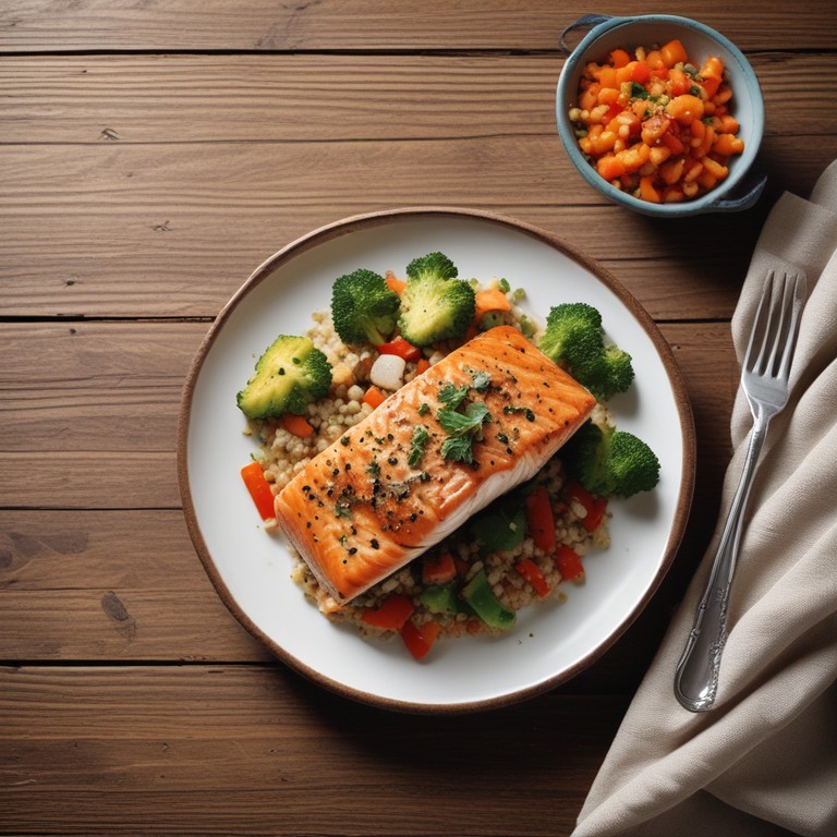 Salmão Grelhado com Quinoa e Legumes Coloridos