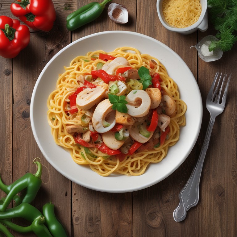 Espaguetis con Pollo, Pimientos y Cebolla