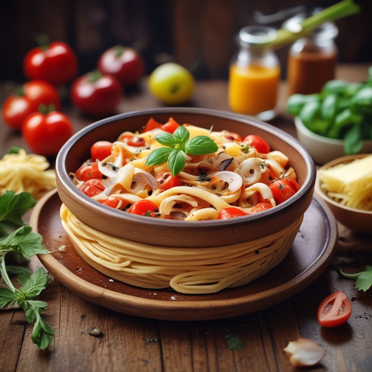 Макароны с помидорами, луком и сыром