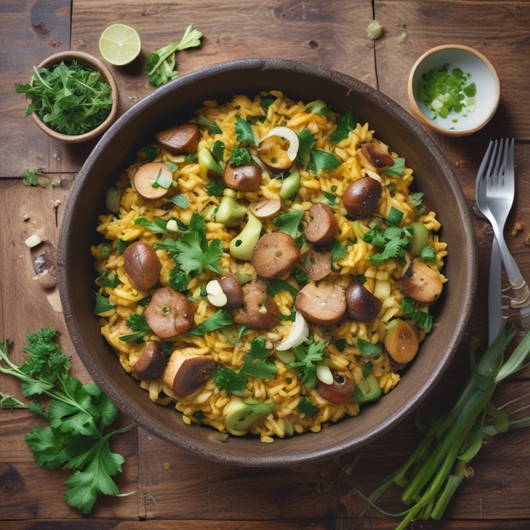 Vegane Zucchini-Reis-Pfanne mit Champignons und Frühlingszwiebeln