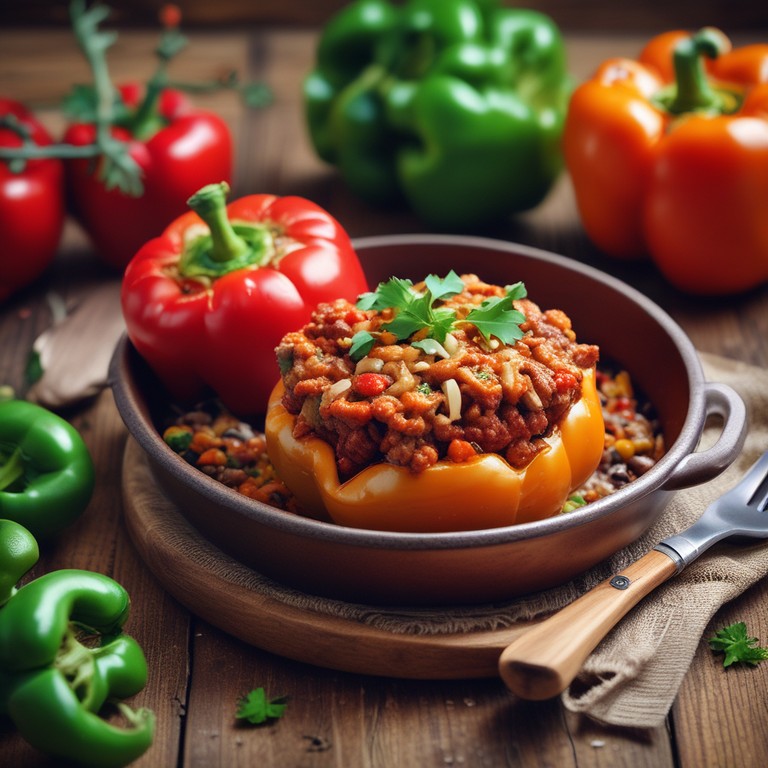 Bunt gefüllte Paprika mit Hackfleisch und Reis