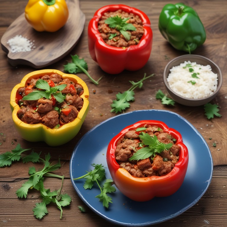 Bunt gefüllte Paprika mit Hackfleisch und Reis