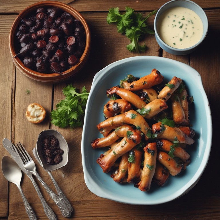 Savory Chicken Feet Casserole with Black Pudding and Blue Gravy
