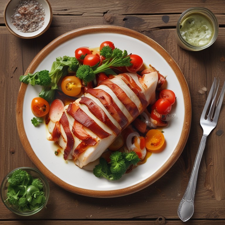 Pescado Envuelto en Tocineta con Verduras y Queso Crema