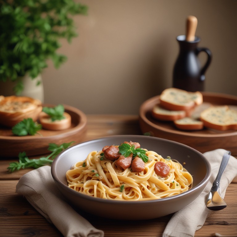 Макароны с колбасой и сыром в сливочном соусе