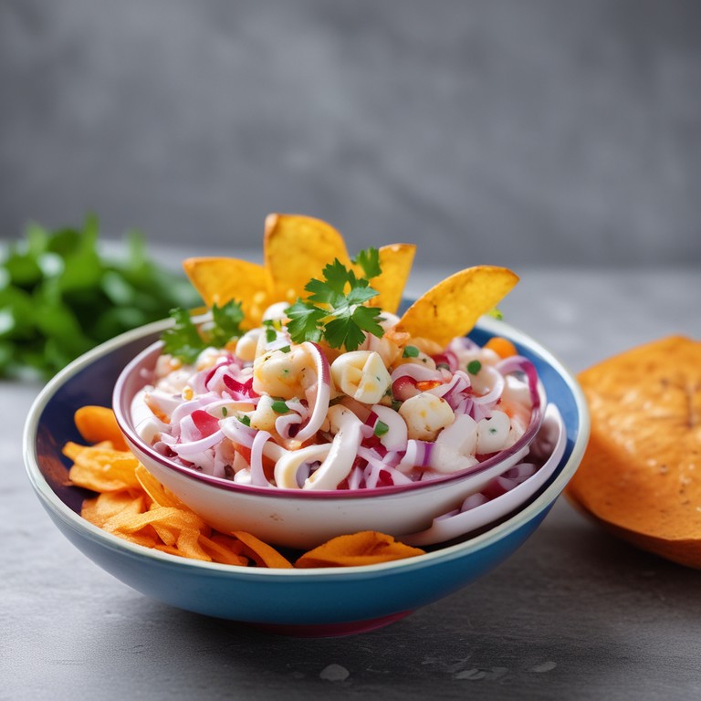 Ceviche de Peixe Branco com Leche de Tigre e Chips de Batata Doce