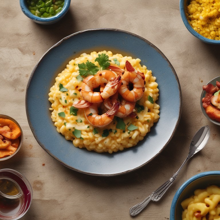 Camarões Grelhados com Risoto de Moqueca Capixaba e Farofa de Bacon