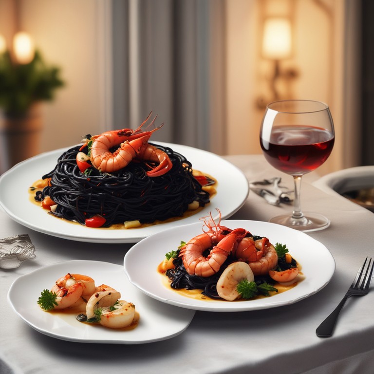 Lagosta e Camarões VG Flambados na Cachaça com Spaghetti Nero e Creme de Limão Siciliano