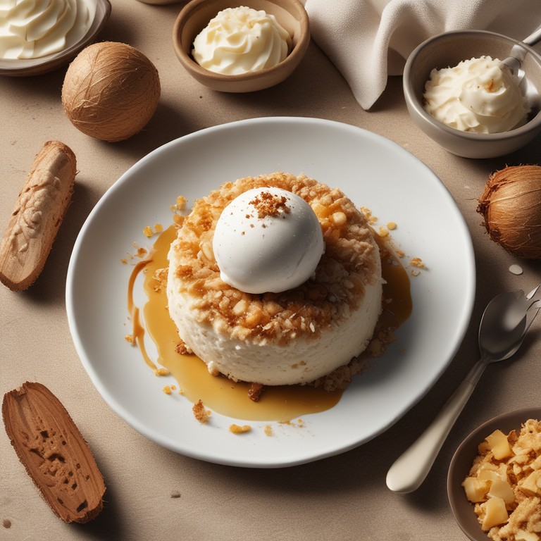 Cocada Mole com Sorvete de Tapioca e Farofa de Coco Queimado