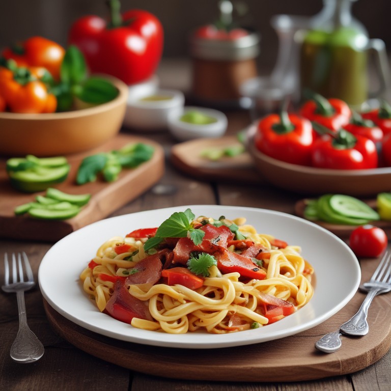Pasta met Spekblokjes en Paprika in Tomatensaus