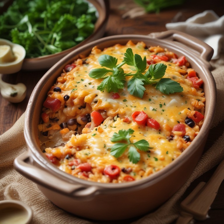 Cheesy Bean and Rice Casserole with Tomato and Potato
